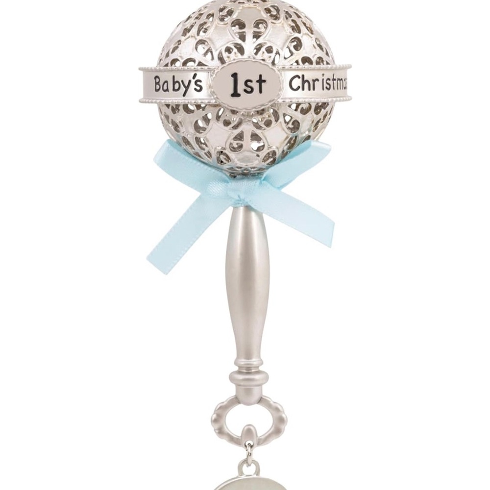2025 Baby's First Christmas Ornament Hallmark Sliver Rattle Blue Bow Boy